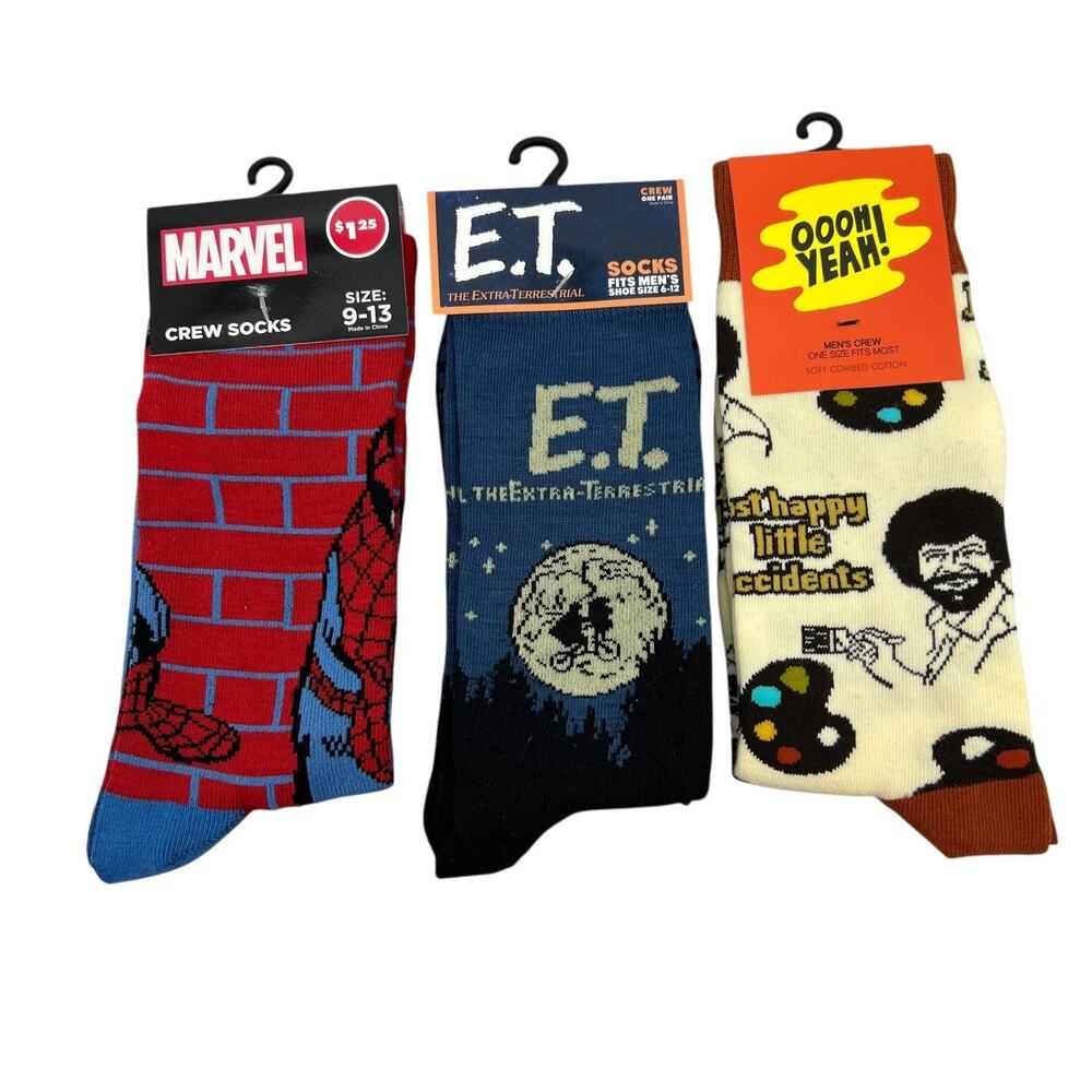 Spiderman, E.T. Movie, Bob Ross Crew Socks Men OSFM One Size Fits Most 3 Pairs